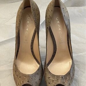 Casadei Textured Tan Peep Toe Heels